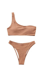 One Shoulder Bikini Swimsuit - Brown / XL