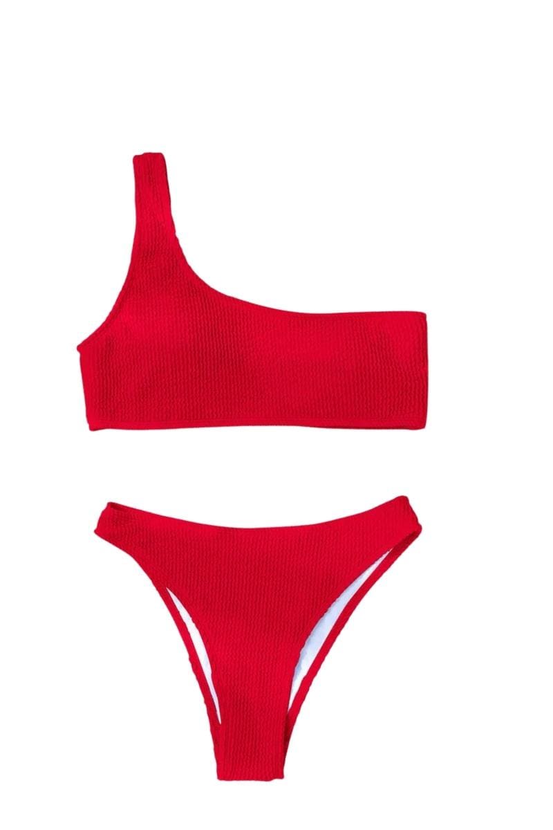 One Shoulder Bikini Swimsuit - Red / L