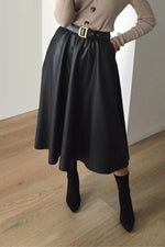 Faux Leather Flared Midi Skirt