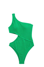 One Shoulder Cut Out Swimsuit - Green / XL