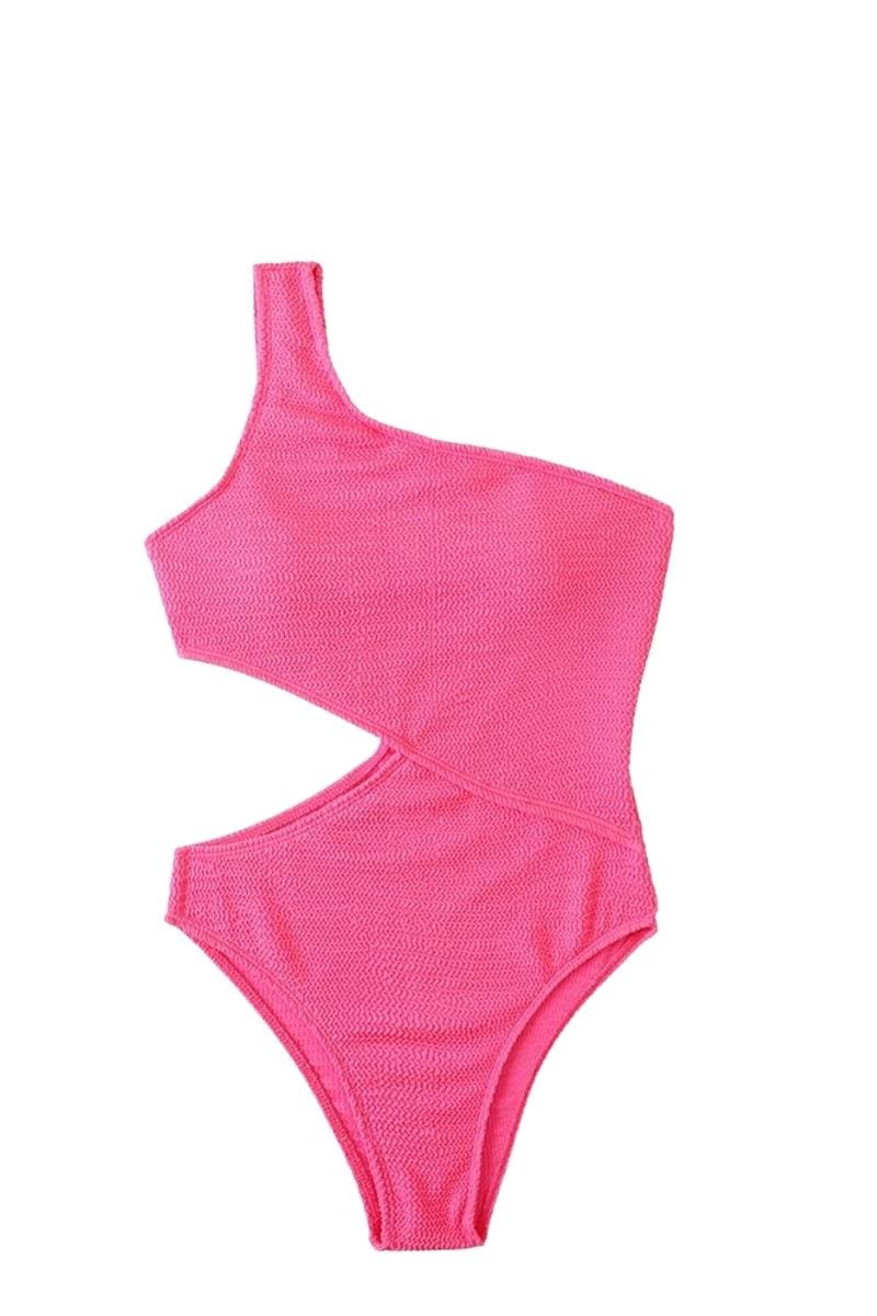 One Shoulder Cut Out Swimsuit - Rose / S